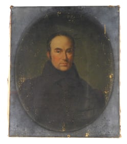 19th C. American School portrait of gentleman in high collar coat, oil on canvas, unframed, he looks