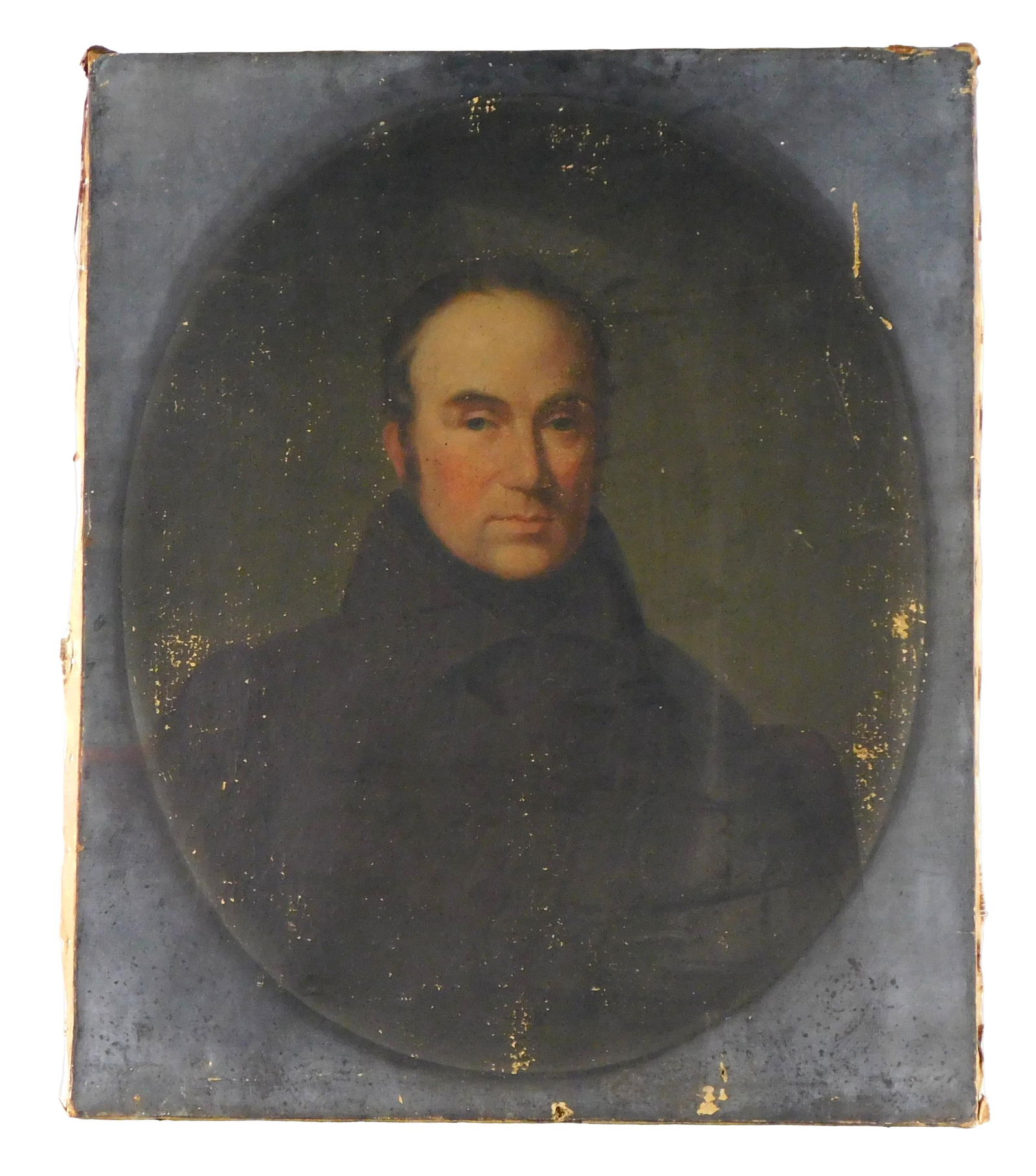 19th C. American School portrait of gentleman in high collar coat, oil on canvas, unframed, he looks (1 of 4)