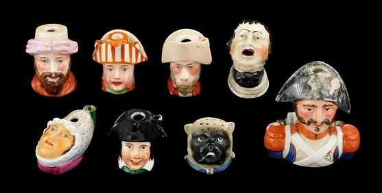 Staffordshire/Derby figural inkwells and one pounce pot, eight pieces, details include: two men in t