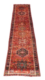 RUG: Antique Heriz runner, 3' 4" x 12', c. 1940's, wool on cotton, red border, rebound edges, missin