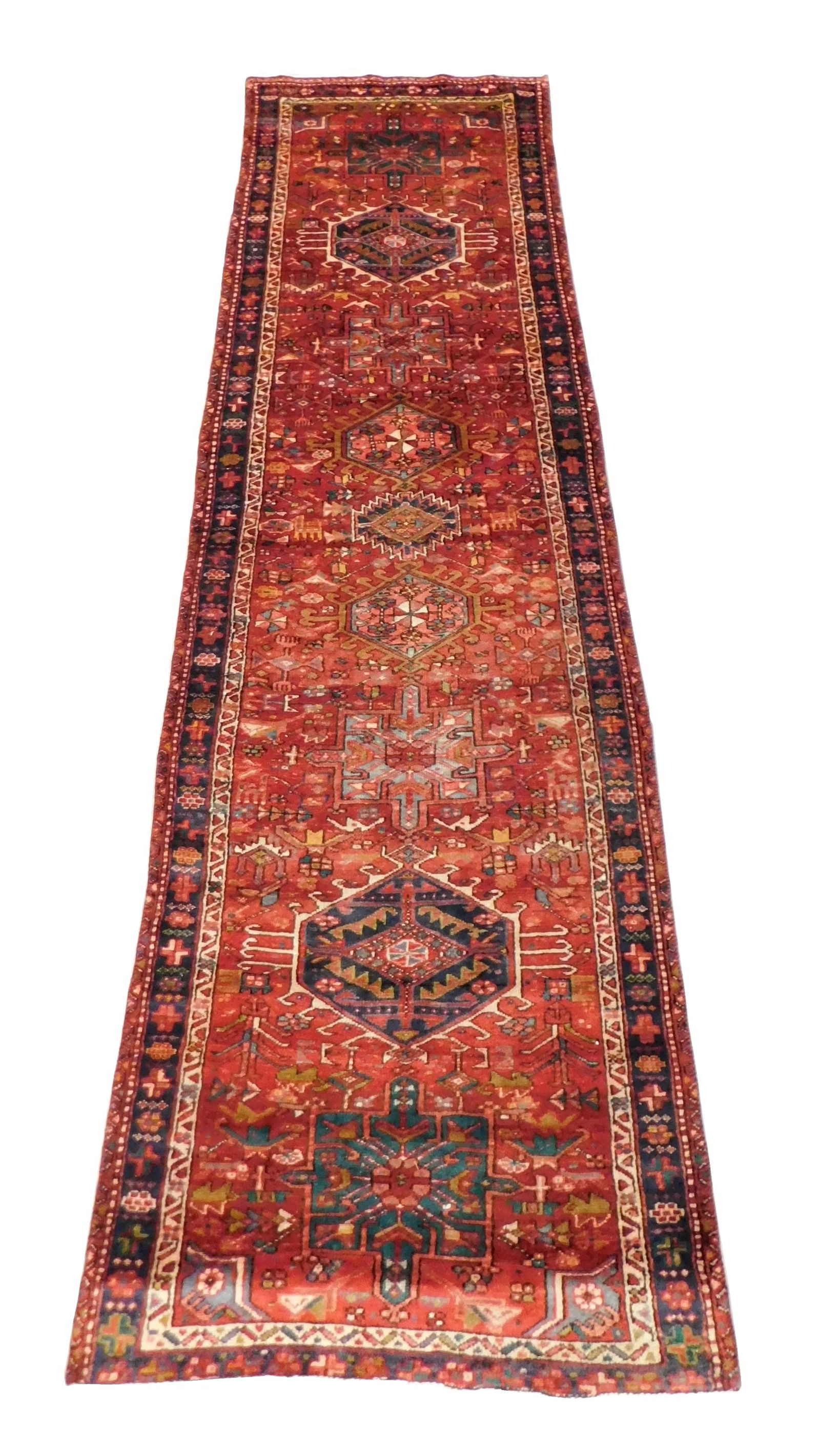 RUG: Antique Heriz runner, 3' 4" x 12', c. 1940's, wool on cotton, red border, rebound edges, missin (1 of 3)