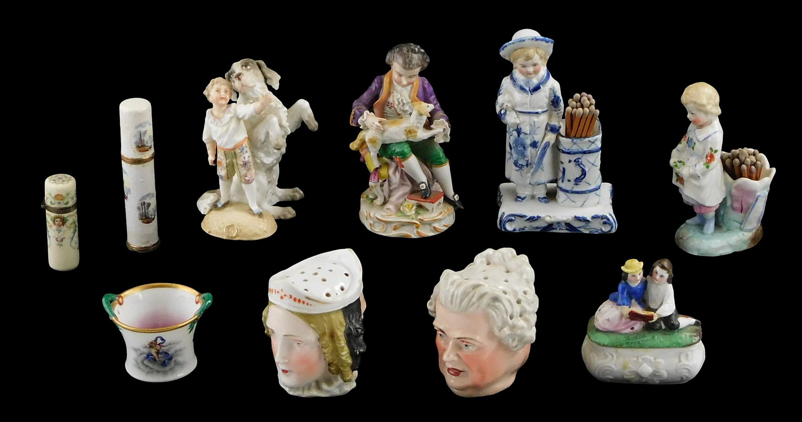 Sitzendorf, Springer & Co., etc. Continental porcelain, ten pieces, details include: two Springer & : Sitzendorf, Springer & Co., etc. Continental porcelain, ten pieces, details include: two Springer & Co. match holder figurines, both impressed with an upraised arm holding a sword within a shield, bot