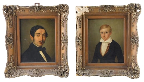 Two 19th C. portraits, oil on board, features a blond boy and a dark haired man with mustache, frame