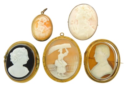CAMEOS: Five Cameo pin/pendants, in tested or stamped 14K gold frames, portrait of gentleman tested