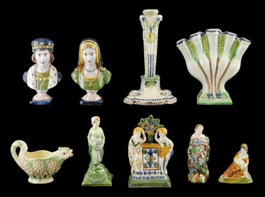 Nine pieces of 18th to 19th C. creamware, functional or decorative pottery, all with similar glazing