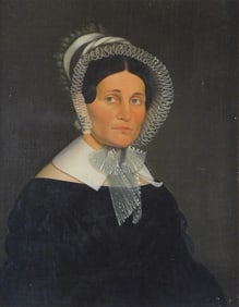 Portrait of Miriam Hoyt Guild, oil on board, artist unknown portrait, c. 1830, American, depicts wom