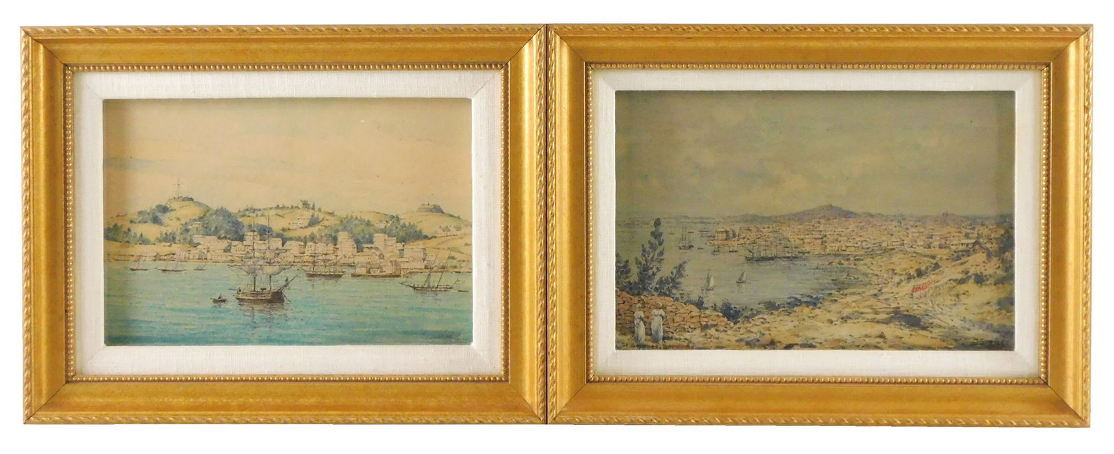 Two 19th C. watercolors of Bermuda Harbors, matching gilt frames, details include: William Roxby Bev (1 of 6)