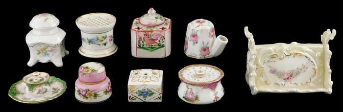 Limoges, etc., Continental 19th C. desk accessories, nine pieces, details include: Limoges pearlware