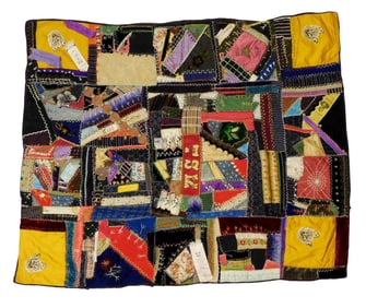 TEXTILE: Crazy quilt, late 19th C., with various ribbons including "Stand Up for Kansas", a Freemont