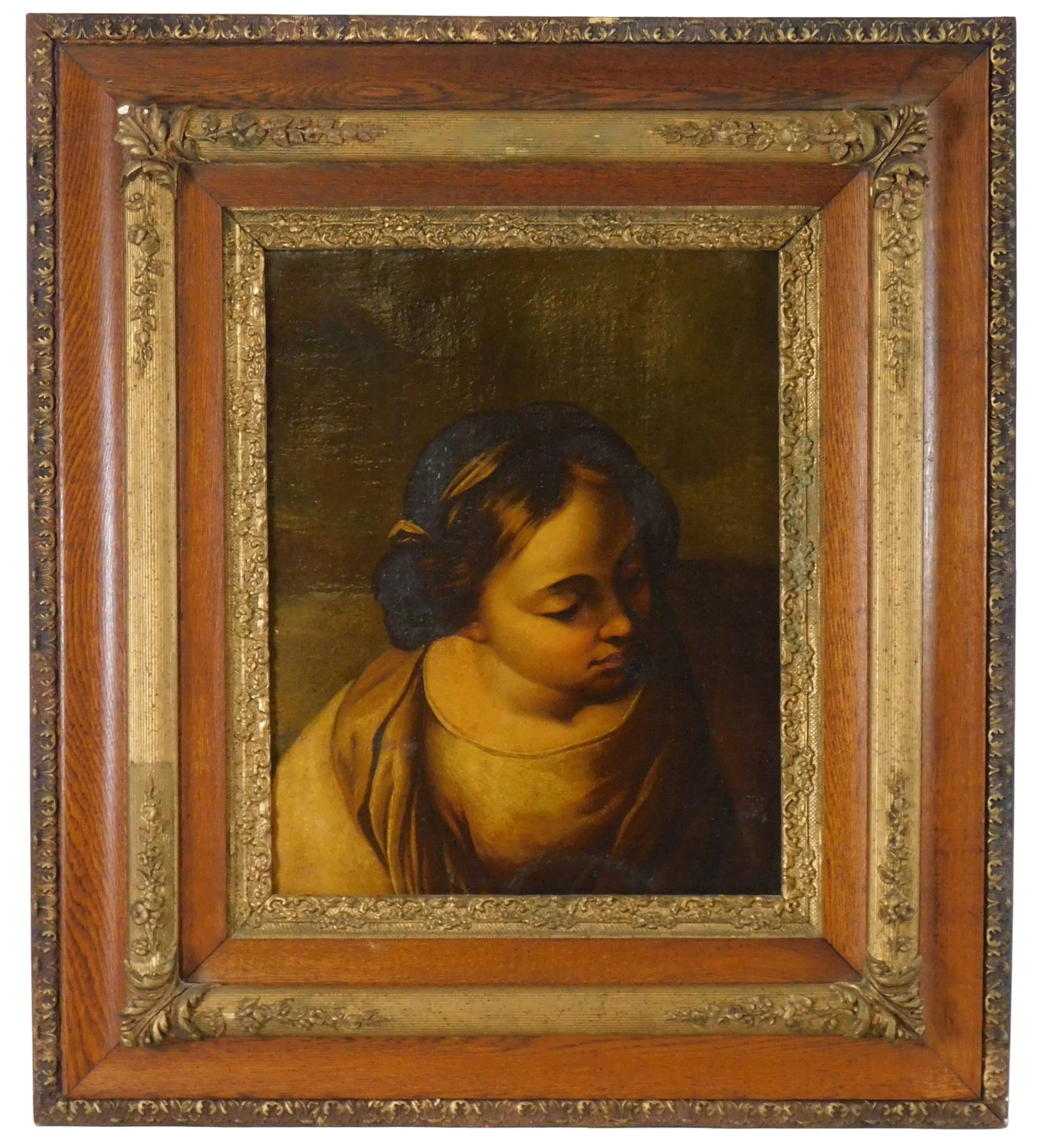 Portrait of young girl, oil on canvas, unsigned, n.d., baroque style portrait of girl with downturne (1 of 3)