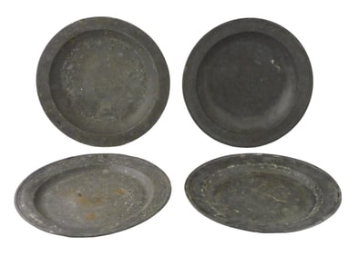 Four large 18th -19th C. pewter dishes, two chargers, two serving dishes, unmarked, one with major d