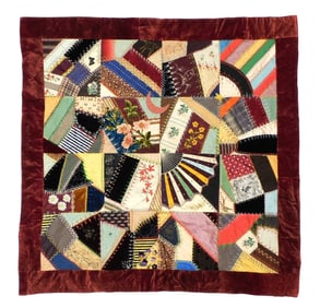TEXTILE: Crazy quilt, late 19th C., red velvet border, patchwork fan and well embroidered squares, o