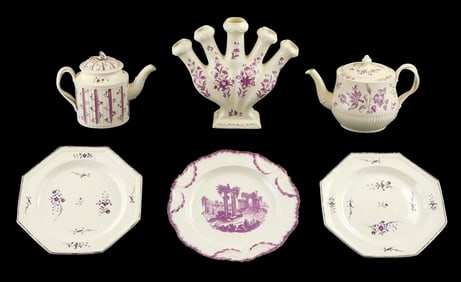 Six pieces of 18th-19th C. creamware with purple floral and foliate motifs, details include: two tea