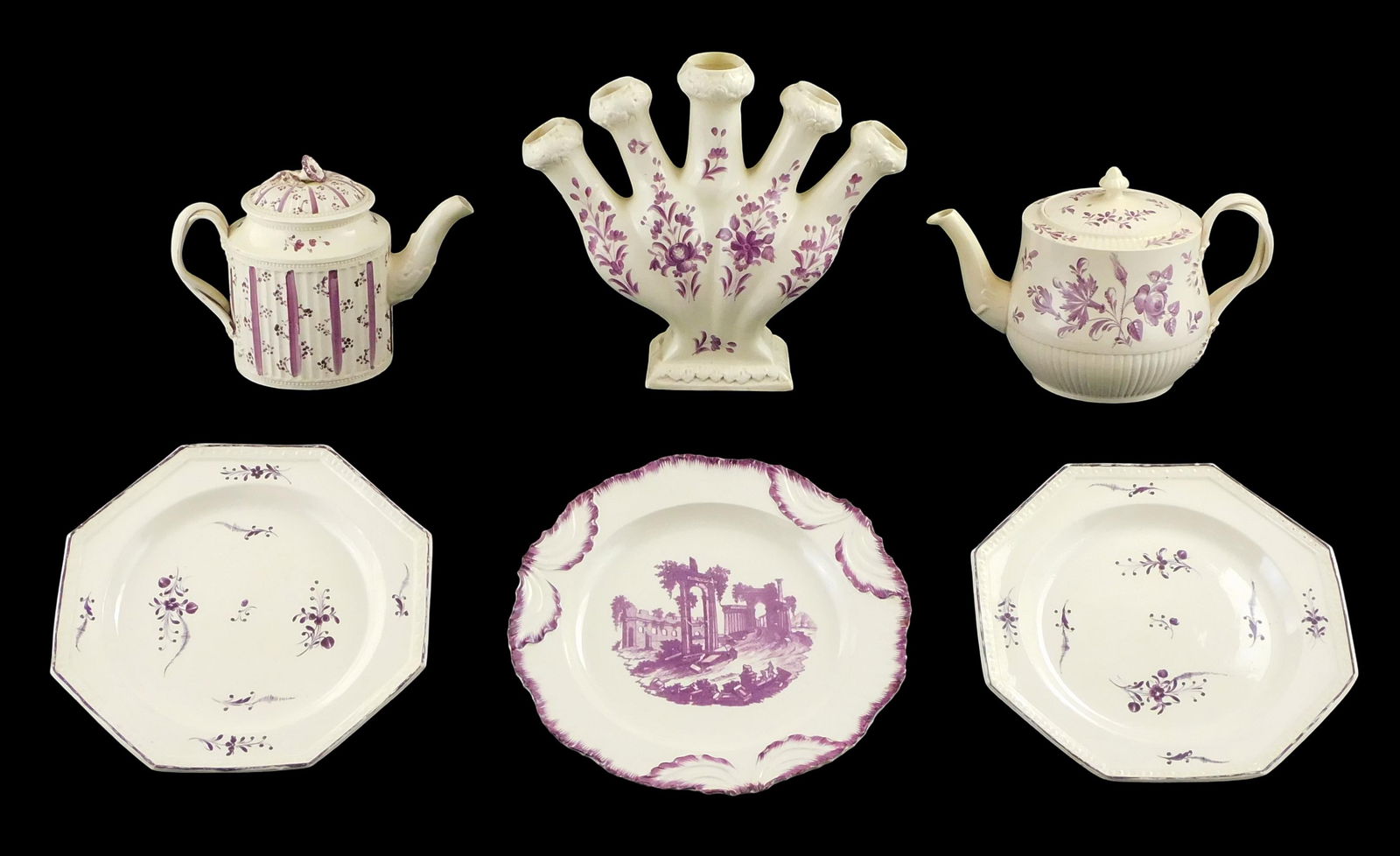 Six pieces of 18th-19th C. creamware with purple floral and foliate motifs, details include: two tea (1 of 13)