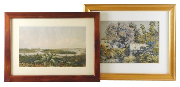 Two watercolor paintings of St. Georges, Bermuda, details include: Major J. Jones, "Public Gardens,