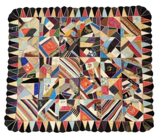 TEXTILE: Crazy quilt, late 19th C., scalloped edge, some velvets on edge shattered, blocks with embr