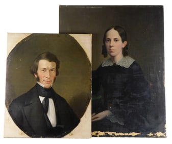 Two 19th C. portraits, oil on canvas, unframed, details include: seated woman wearing a black dress