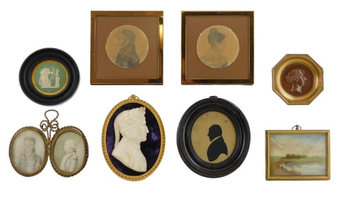 Eight miniature framed pieces, most portraits, some Wedgewood-style, 19th/20th C., details include: