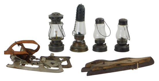 Late 19th- early 20th C. ice skating accessories, details include: four early ice skating lanterns,