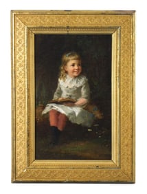 Late 19th C. portrait of young girl, oil on canvas, she is reading outdoors seated on a log, in a wh
