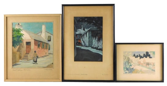 Three coastal town watercolors/gouache works on paper, Bermuda, etc., details include: Coulton Waugh