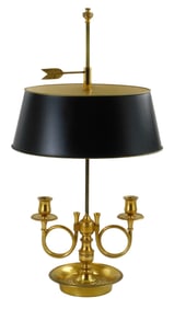 Bouillotte form lamp, 20th C., two French Horn style arms, each with light socket designed to look l