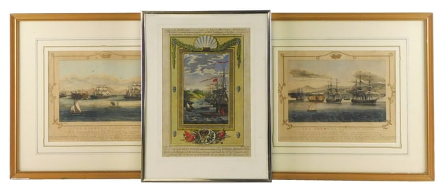 Three hand-colored early nautical engravings, details include: hand-colored engraving, c.1783, depic