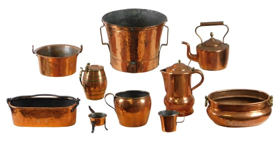 Copper cookware and vessels, ten pieces, all unmarked, some hammered, several with "box joint" const