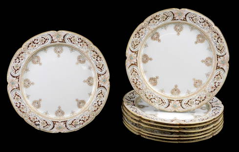 Royal Doulton - Burslem, eight dinner plates, scallop edge, raised gilt and enamel, foliate and: Royal Doulton - Burslem, eight dinner plates, scallop edge, raised gilt and enamel, foliate and scroll pattern, wear consistent with age, 10" diam.