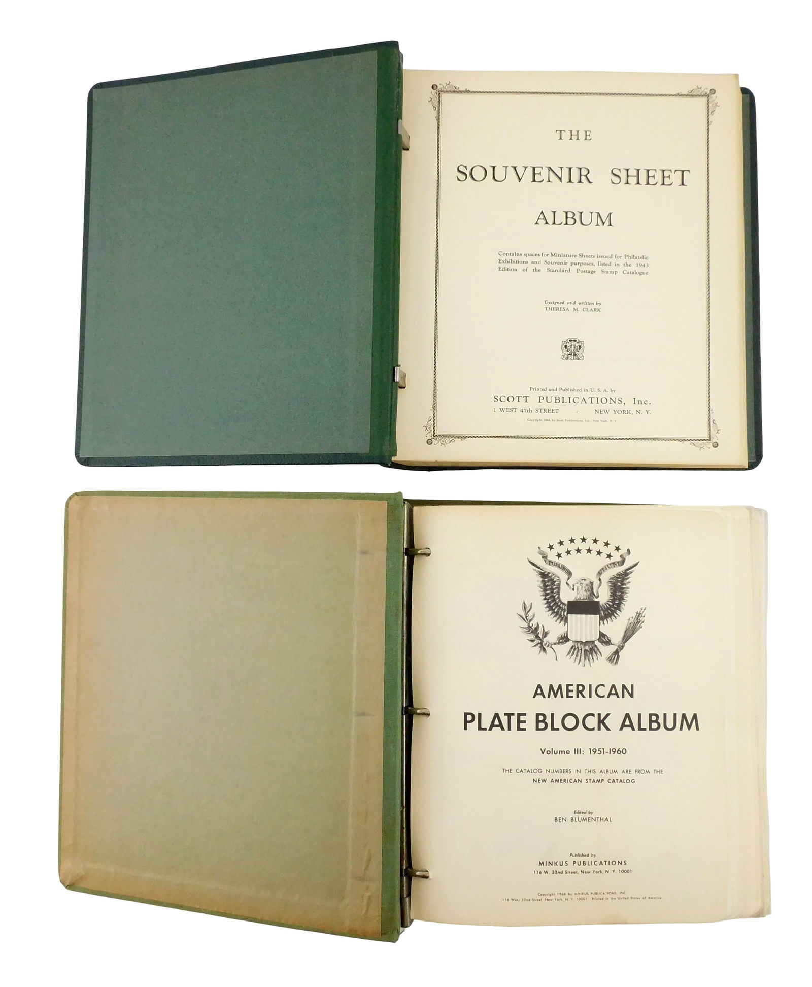 Two mid-century stamp albums, includes: American Plate Block Album, vol. 3, 1951-1971, including som (1 of 4)