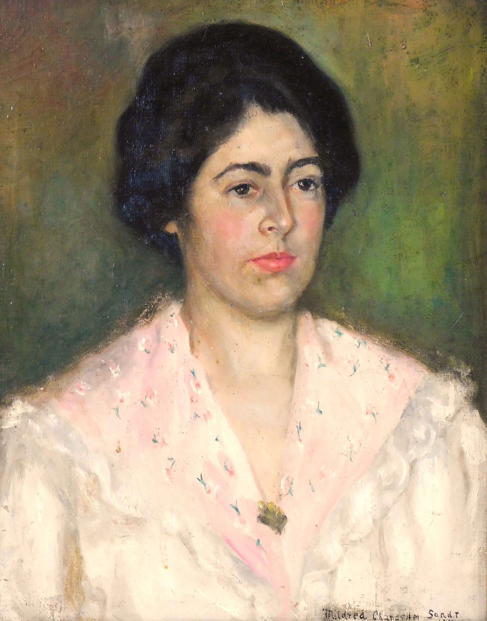 Early 20th C. portrait of woman, signed Mildred Chancellor Sandt, oil on canvas, she is depicted in  (1 of 3)