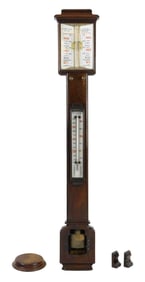 Victorian mercurial barometer/thermometer, cased in hardwood, labelled "E. Heritage" and "Dover" on