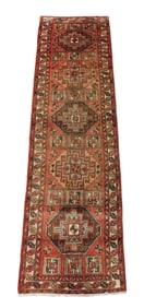 RUG: Antique Caucasian style design runner, 10' 3" l. x 3' w., c. 1940's, wool on cotton, dark red w