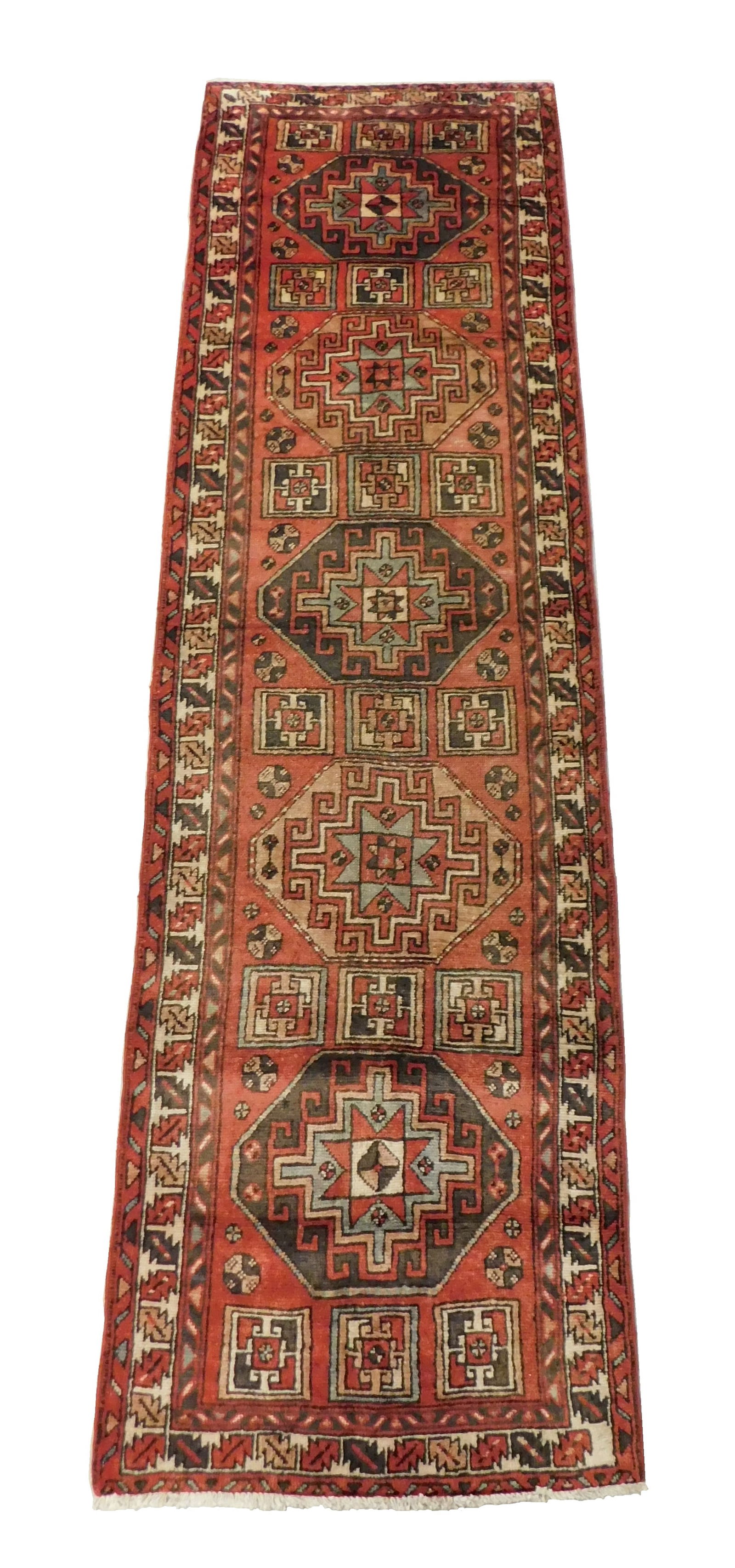 RUG: Antique Caucasian style design runner, 10' 3" l. x 3' w., c. 1940's, wool on cotton, dark red w (1 of 3)