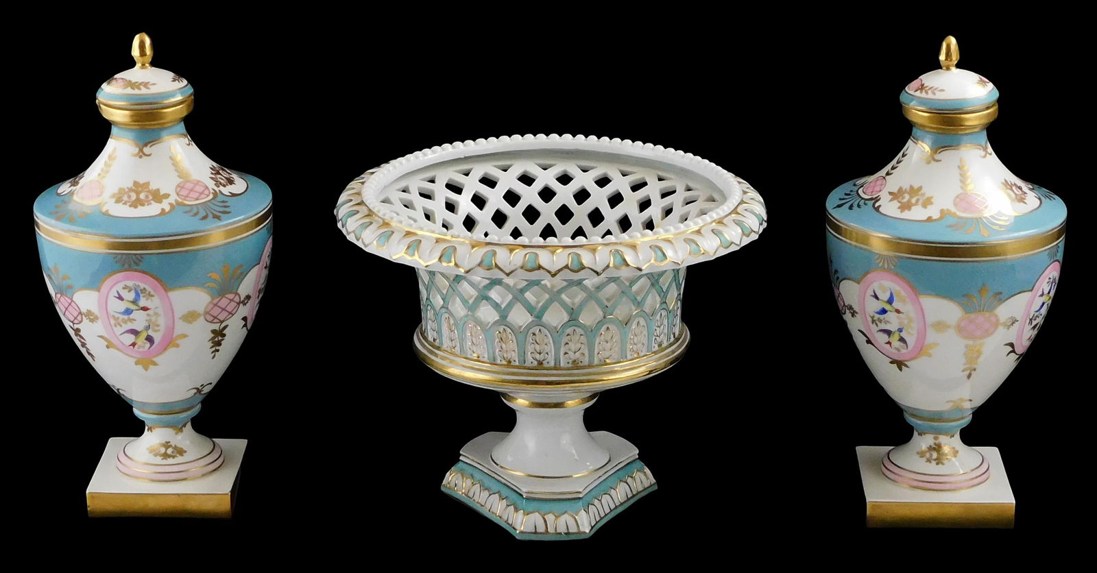 Porcelain reticulated compote and lidded urns, three pieces, details include: Vista Alegre, Portugue (1 of 2)