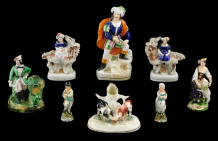 Staffordshire, etc., group of nine figurines, one inkwell, one bud vase, details include: