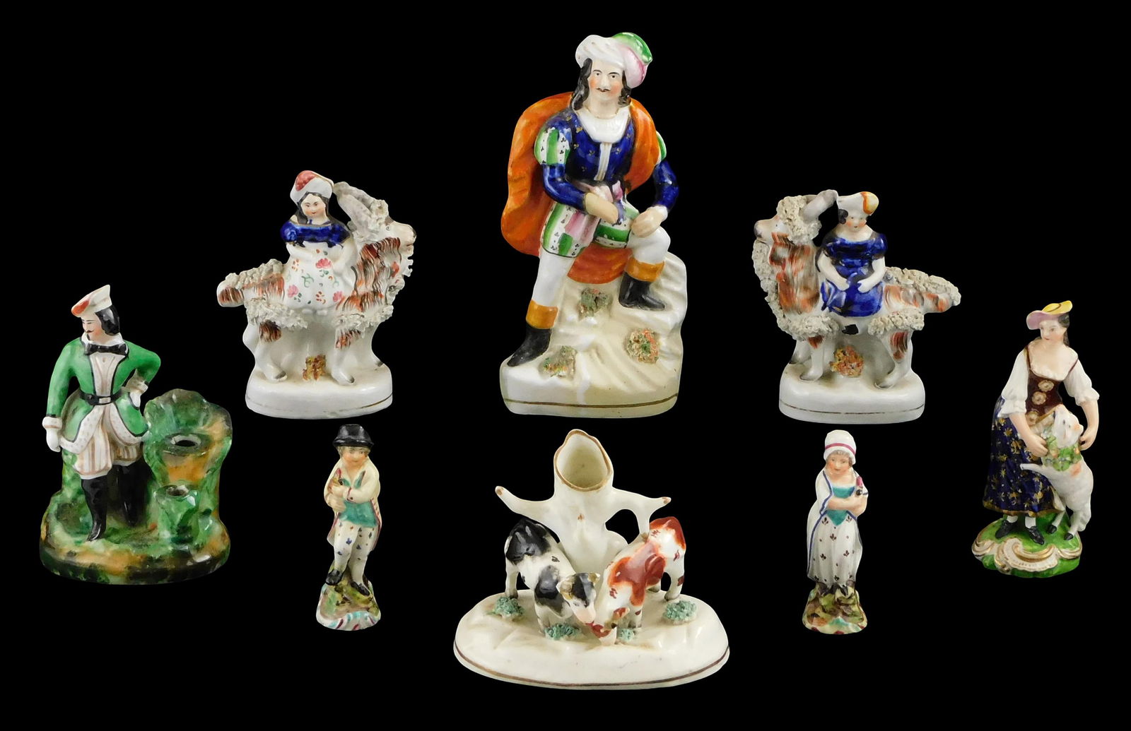 Staffordshire, etc., group of nine figurines, one inkwell, one bud vase, details include: Staffordsh (1 of 8)