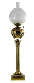 Brass Corinthian column banquet oil lamp, English, 19th C., four pieces includes: column base, oil