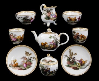 Meissen hand painted Watteau design porcelain tea set, Germany, nine pieces, including: a teapot
