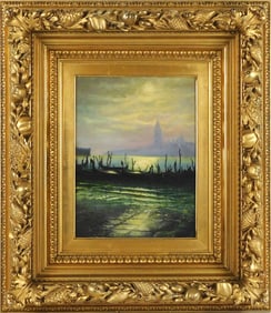 Early 20th C. oil on canvas of hazy Venetian scene, 1931, early morning scene of many gondola boats