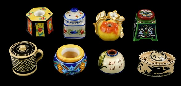 Sarreguemines, etc., Six unique inkwells, one small lidded pot, and one small planter pot, eight