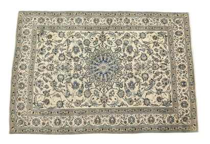 RUG: Semi-antique Persian/Isfahan style, 9' 4" l. x 6' 4" w., Mid-century, wool on cotton, cream