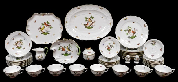 CHINA: Herend porcelain "Rothschild Bird" pattern dinnerware, partial service of forty-nine pieces,