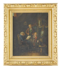 19th C. genre scene of an artist with his students, oil on canvas, an older gentleman sits in chair