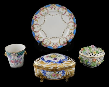 Dresden, etc., four porcelain pieces, details include: Lamb for Dresden plate, Royal Crown Derby