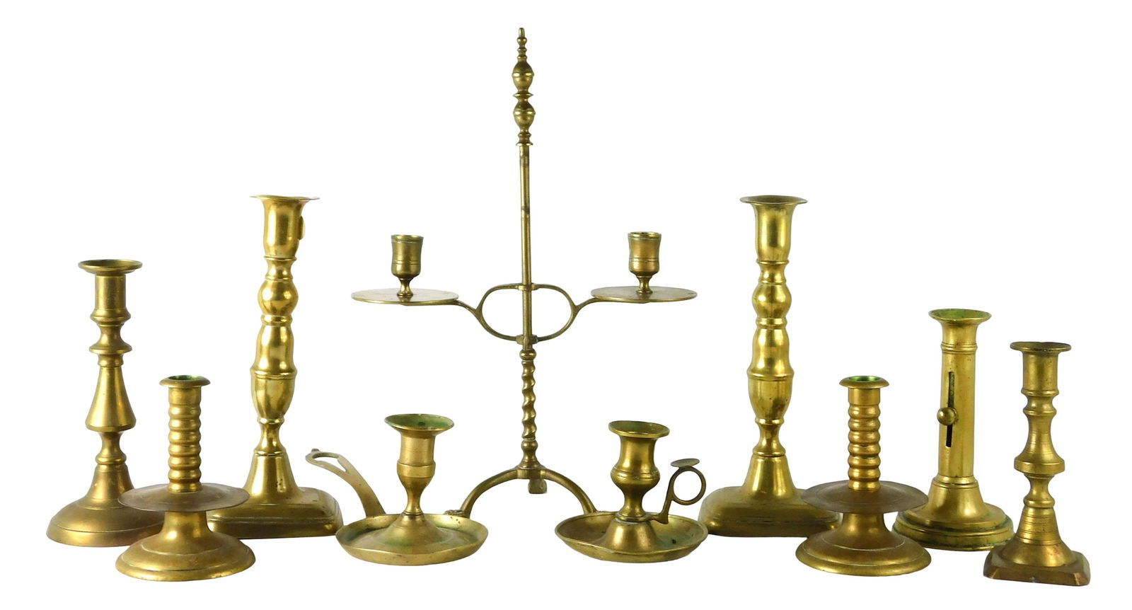 Ten continental brass candlesticks, some pairs and assorted; one adjustable height twin candelabra w (1 of 1)
