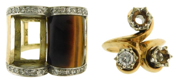 JEWELRY: Four pieces with 14K gold settings, including: ring with three stone setting, two stones