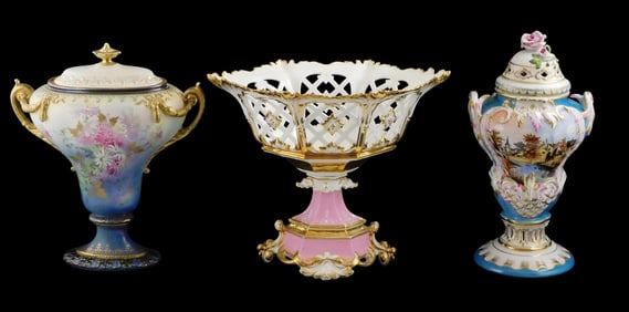Herend, Royal Bonn, etc., three larger ornately decorated porcelain pieces, including: Herend footed