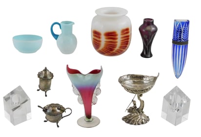Silverplate figural master salt and assorted glass and silverplate, 19th/20th C., details include: