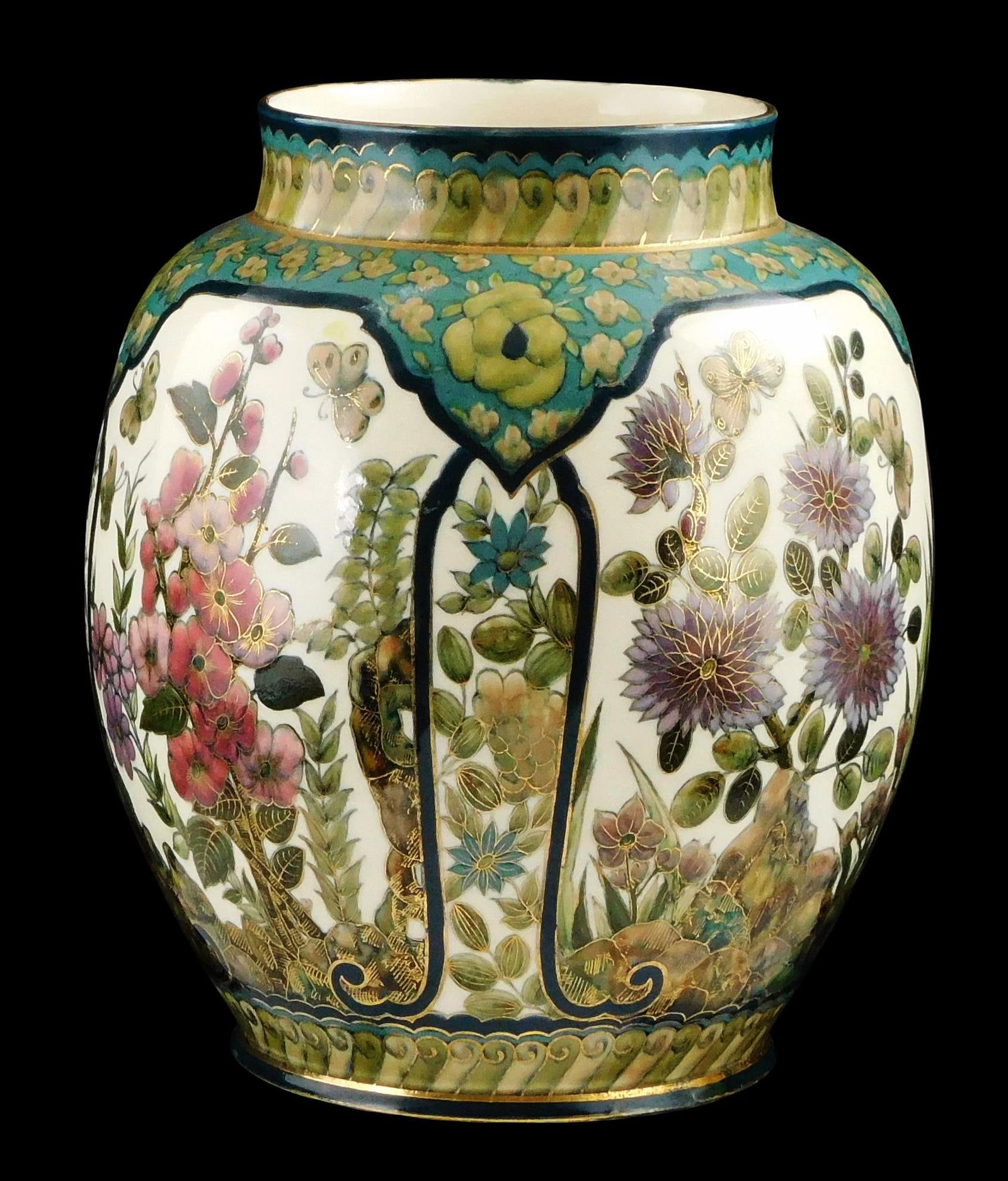 Zsolnay large vase, Hungarian, late 19th / early 20th C., floral polychrome decoration featuring fou (1 of 3)
